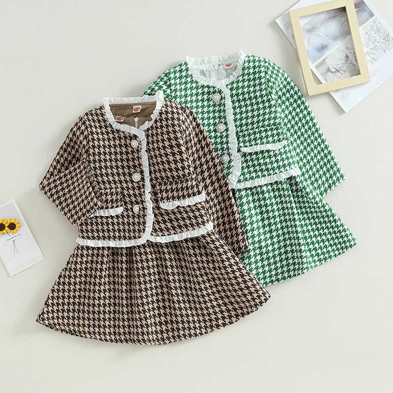 

Mildsown Kids Girl Fall Outfits Houndstooth Print Crew Neck Sleeveless Dress Long Sleeve Buttons Coat 2Pcs Princess Clothes Set