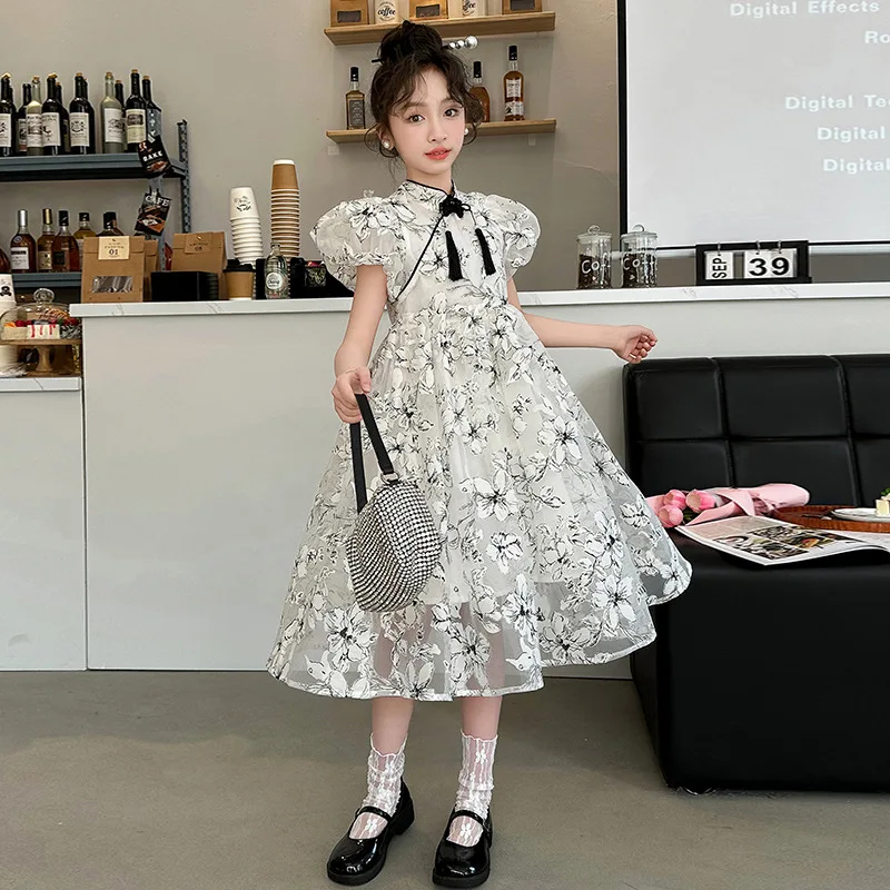 

2024 Summer Teenager Girl One-piece Dress Junior Girl Gauze Bubble Sleeve Dress School Girl Flower Fluffy Princess Dress
