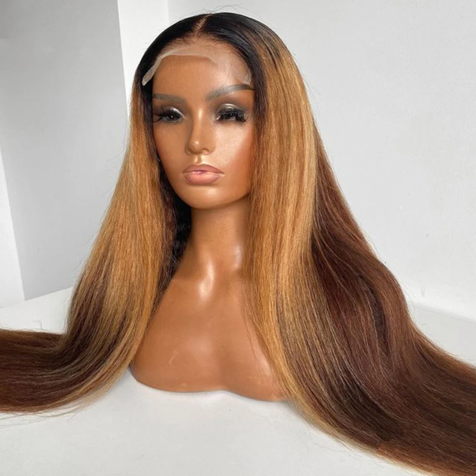 

Soft Long Glueless Yaki Ombre Brown 30Inch Kinky Straight Lace Front Wig For Women With Baby Hair Synthetic Preplucked Daily