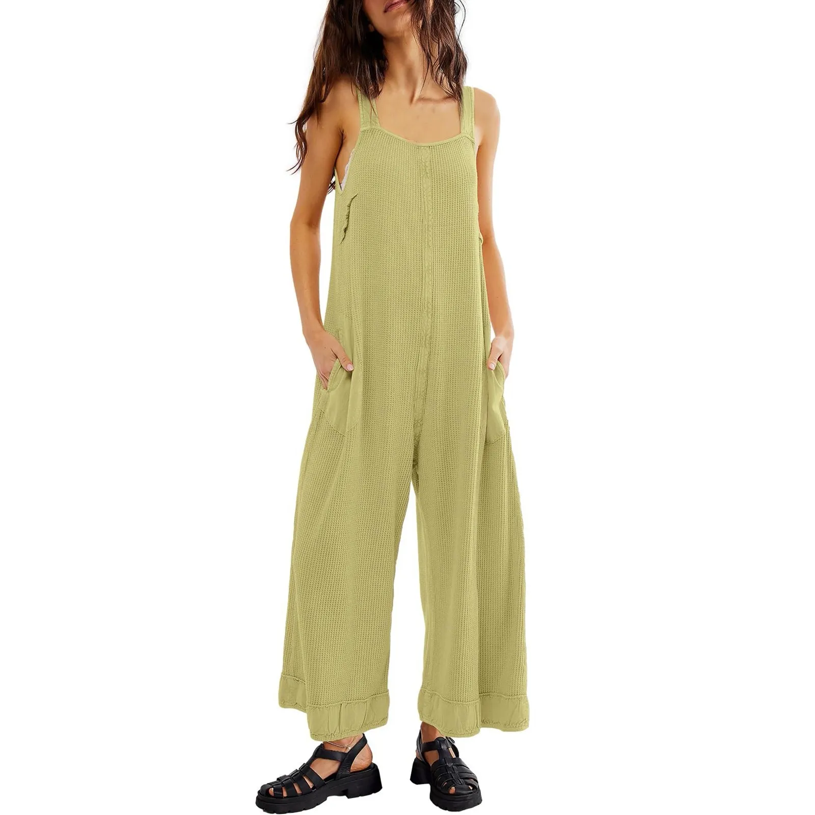 

Women's Casual SleeveLess High Waist Pockets V Neck Loose Jumpsuits Long Pants Wide Rompers macacao feminino боди женское