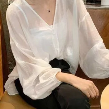 Elegância e Conforto em uma Camisa Versátil da ZANZEA 8 ZANZEA 2024 Summer Harajuku Korean Sheer Blusas Women See Through Blouse Lantern Long Sleeve Shirt Solid V Neck Casual Loose Top