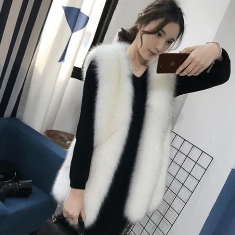 

2023 Autumn Winter New Women Faux Fox Fur Coat Mid-Length Waistcoat Fashion Vest Female Casual Keep Warm Temperament Outwear