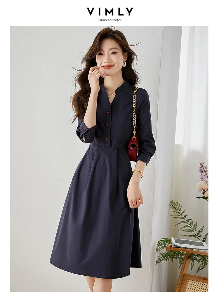 

Vimly Elegant Summer Shirt Dresses for Women 2024 Office Lady Navy Cotton Blend A-line V-Neck Three Quarter Sleeve Fitted Dress