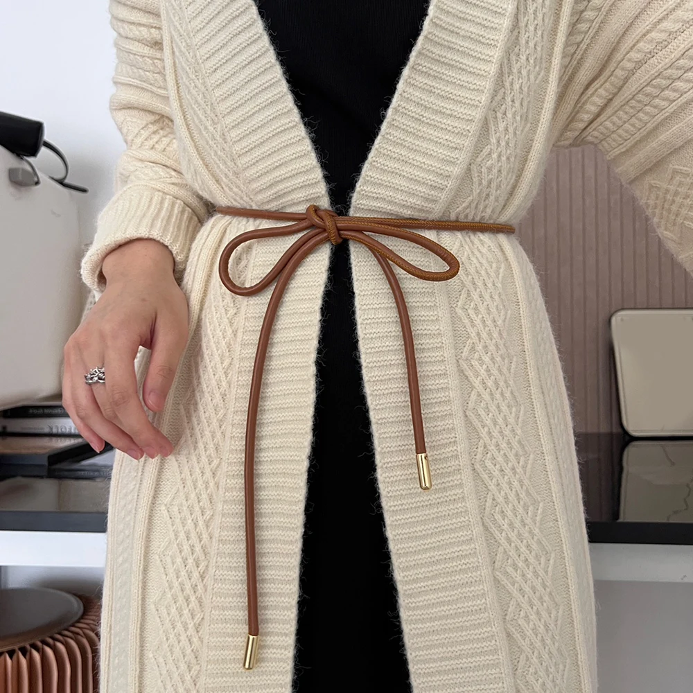 

150/160cm Round Leather Thin Belt Women Decorative Bow Knot Waist Rope Knotted Vintage Dress Coat Sweater String Strap Waistband