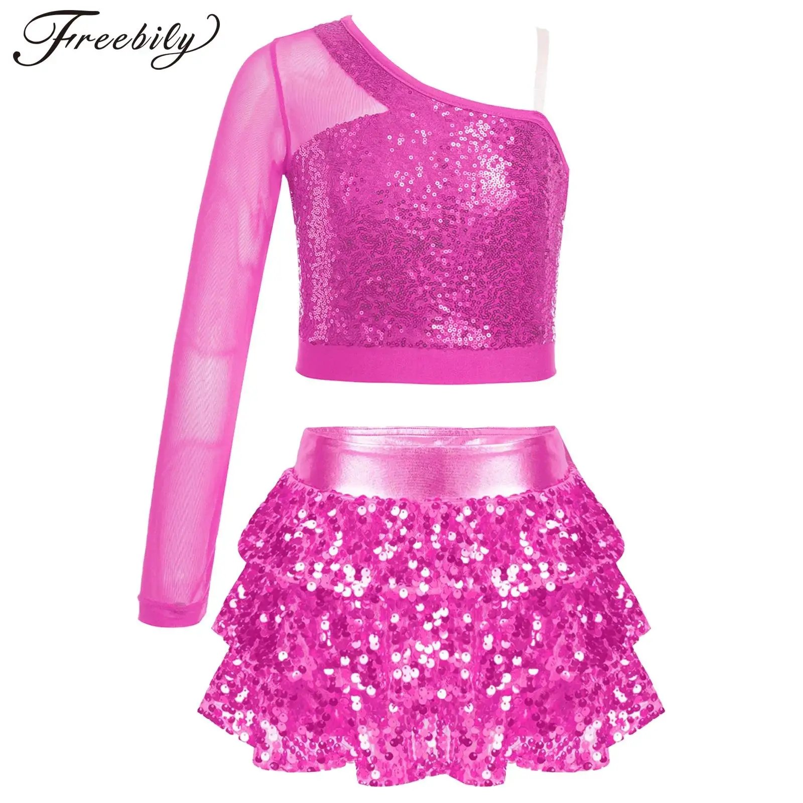 Kids Girls Shiny Sequins Jazz Hip-hop Latin Dance Costumes Stage Performance Dancewear Long Sleeves Crop Tops and Skirts Set
Kids Girls Shiny Sequins Jazz Hip-hop Latin Dance Costumes Stage Performance Dancewear Long Sleeves Crop Tops and Skirts Set