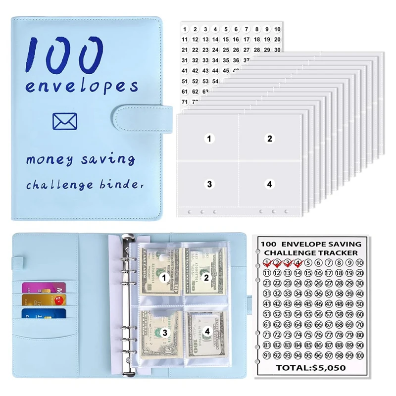 

100 Envelopes Money Savings Challenges Book,Storage Budgeting Binder Budget Book Cash Saving Challenge Kit(Blue) Durable