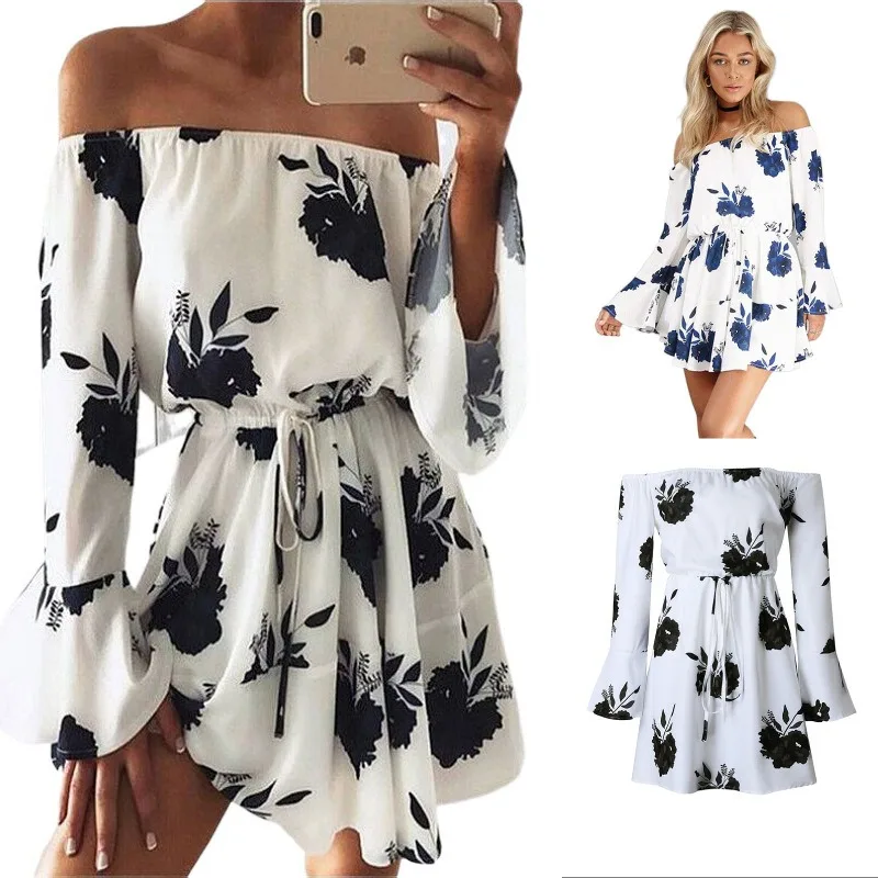 

One Shoulder Sexy Backless Printed Pagoda Sleeve Dress Women Elegant Temperament Sunmmer New Long Pullover Frenulum A-line Skirt