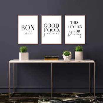 미니멀리스트 좋은 음식 좋은 분위기 Bon Appetit 따옴표 캔버스 회화 블랙 화이트 벽 아트 포스터 인쇄 사진 주방 홈 장식