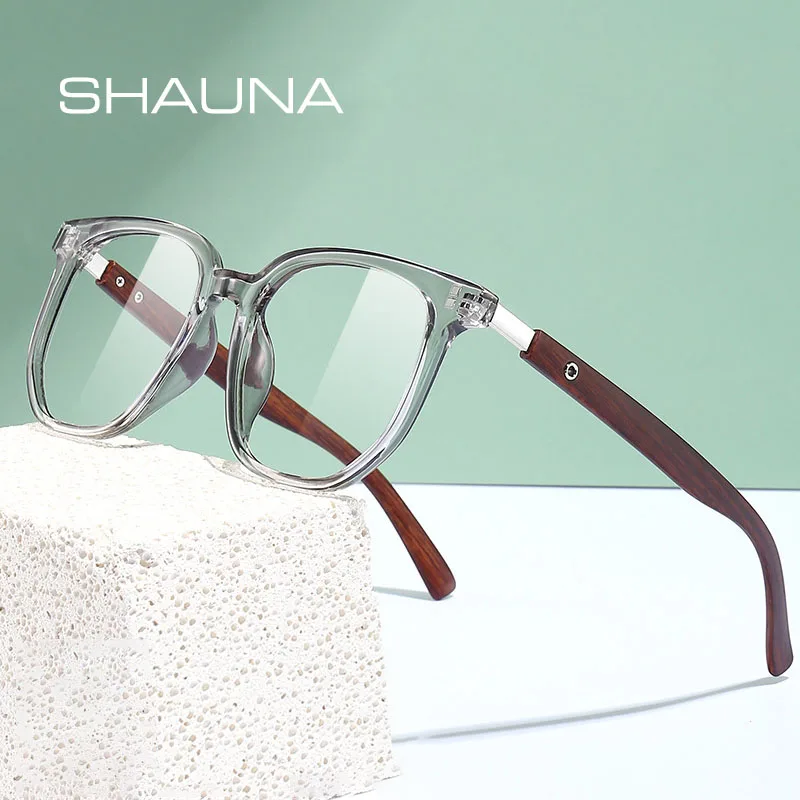

SHAUNA Retro Rivets Anti-Blue Light Glasses Frames Wood Grain TR90 Square Optical Eyeglasses