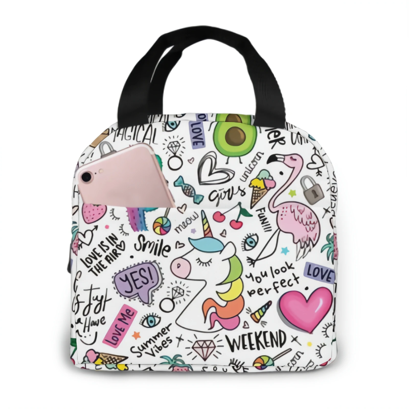 

Fun Doodle With Unicorn Flamingo Cactus Pineapple Insulated Lunch Bag lunch box containers for Women Men Office School Picnic