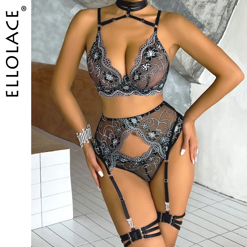 

Ellolace Fancy Floral Lingerie Halter Bra See Through Lace Intimate Seamless Garter Exotic Sets Fairy Luxury Well-Looking Outfit