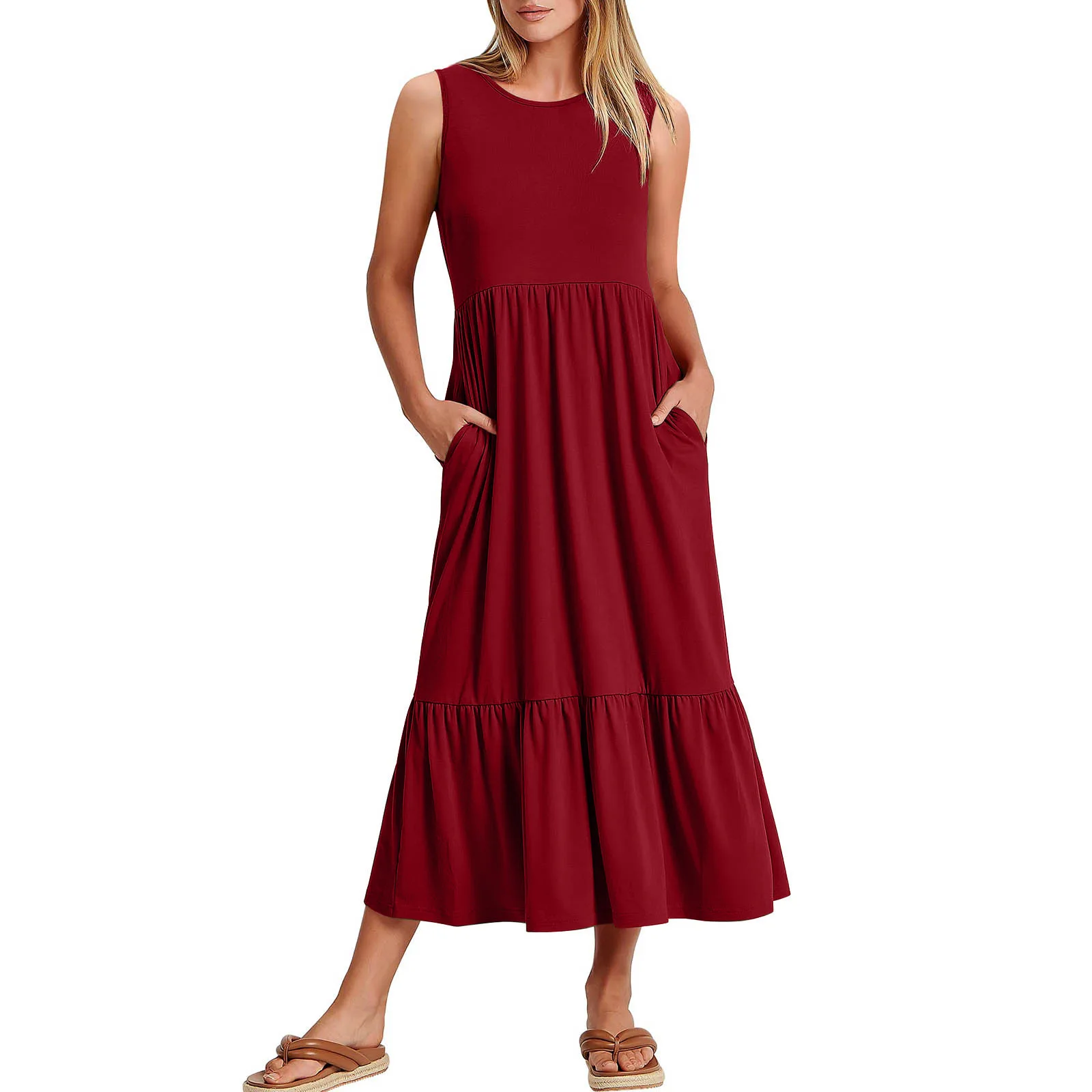 

2024 Women's Summer Casual Sleeveless Crewneck Swing Sundress Fit & Flare Flowy Tiered Maxi Dress with Pockets