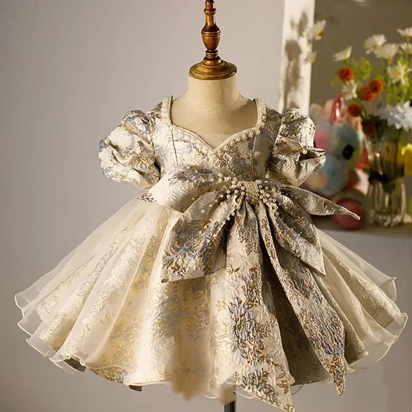 

Girls Spanish Floral Pearls Ball Gown Baby Lolita Princess Dresses Infant Birthday Christening Dress Girl Boutique Clothes