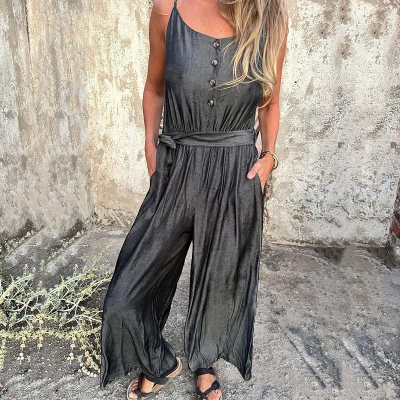 

Casual Summer Buttoned Strap Bodysuit Women 2024 Solid Color Pockets Long Jumpsuit Street Fashion V-Neck Belt Beach Overall