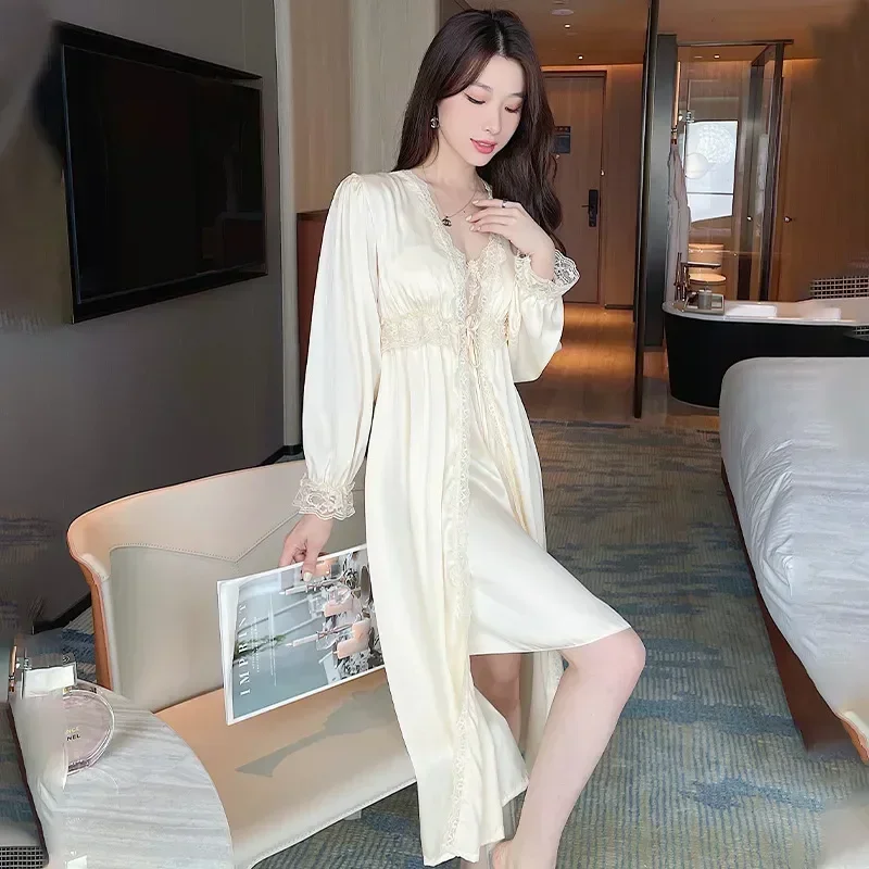 

Homewear Twinset Women Nightgown Suit Robe Sleepwear V-neck Chemise Set Lace Sexy Gown Loungewear Bathrobe Summer Nightdress