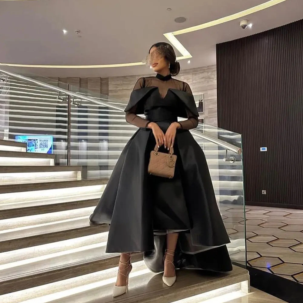 High Neck Satin Off the Shoulder Black Evening Dresses Ruffles Sexy Mermaid Tea-Length Prom Gowns Tulle Dubai Arab for Women
High Neck Satin Off the Shoulder Black Evening Dresses Ruffles Sexy Mermaid Tea-Length Prom Gowns Tulle Dubai Arab for Women