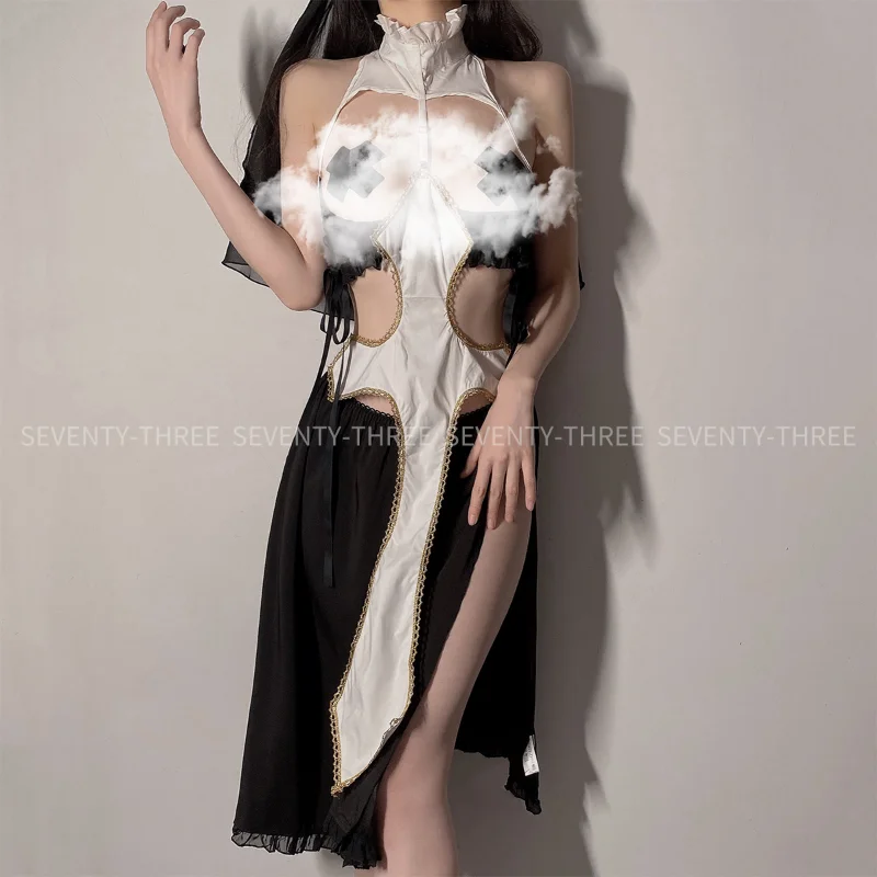 

Anime Hollow Out Sex Women Cosplay Dark Nun Perspective Dress High Fork Skirt Bodysuit Underwear Costume Lingerie Set