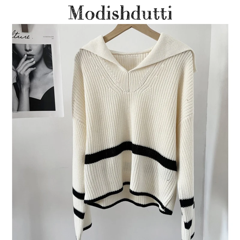 

Modishdutti 2024 Winter High Quality Women Fashion Striped Patchwork Knit Sweater Female Casual Loose Tops Pullovers