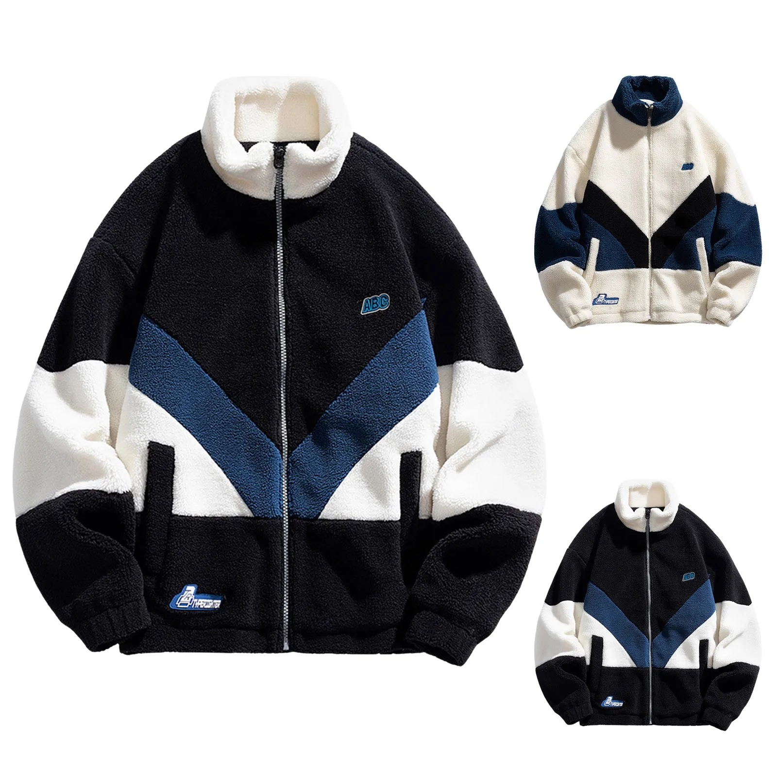 

Male Patchwork Jacket Outerwear Teddy Fleece With Stand Up Collar Winter Jacket Sweat Jacket With Zip Trainers Coat