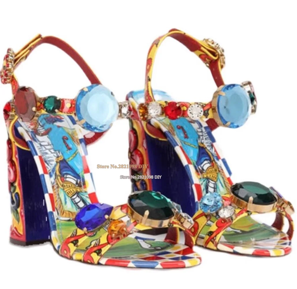 

Crystal Embellished Block Heeled Floral Print Chunky Heel Diamond Sandals Woman Fashion Beach High Heel Summer Shoes