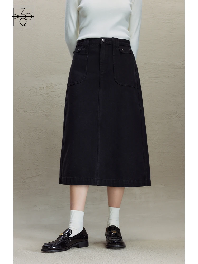 

ZIQIAO High Waist Denim Black Mid-Calf Women Long Skirts 71.1% Cotton Female Winter A-LINE Skirt Pocket Decoration Twill Skirt