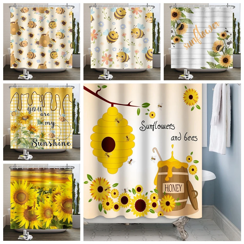 

Sweet Honey Cute Bee Sunflower Shower Curtain Waterproof Polyester Material Home Banthroon Curtain Bathtub Partition Decor