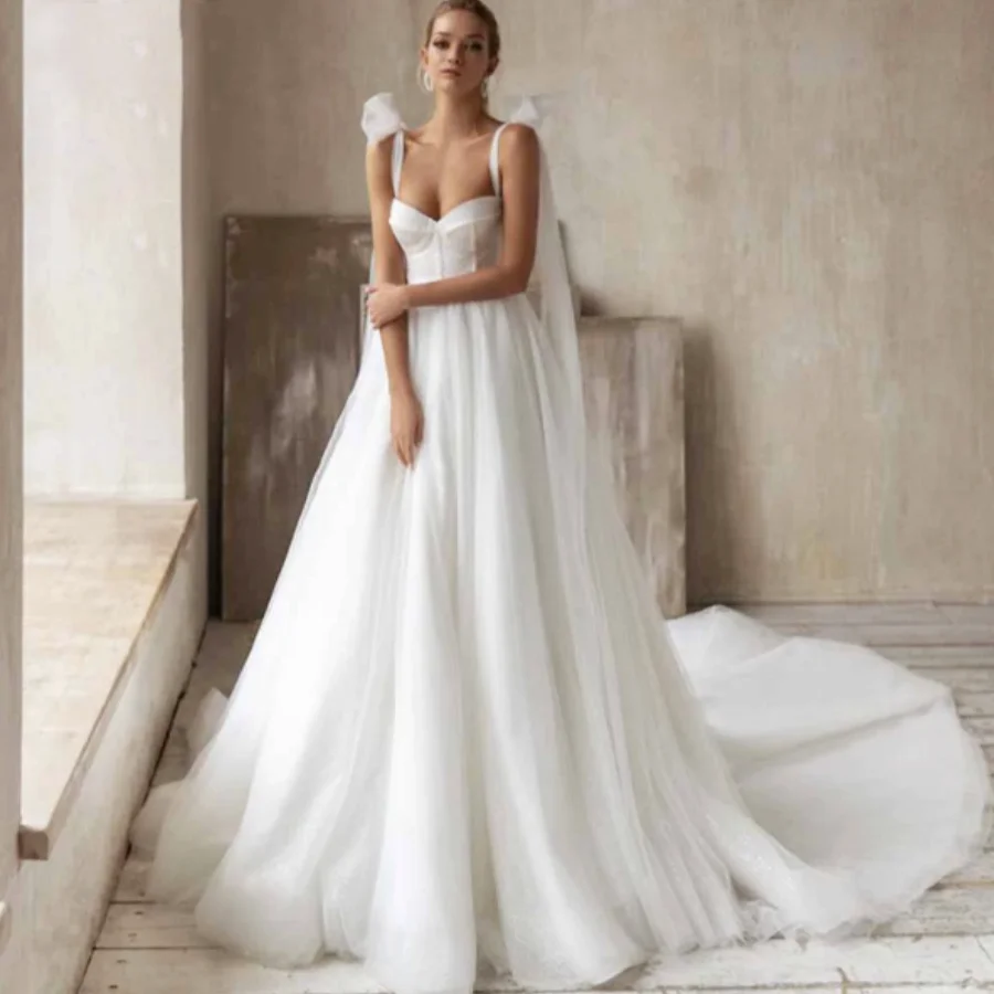 

OUSIRUI Bow Backless Sleeveless Satin Exquisite A-Line Bridal Wedding Dress Court Train Lace Up Beading LuxuryRobe De Mariée