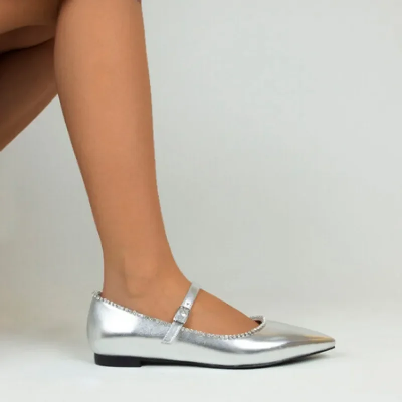 

Балетки с острым носком, плоская подошва, одна обувь, серебристые металлические кожаные блестящие украшения, Мэри Джейн, балетки, женские туфли 36-41