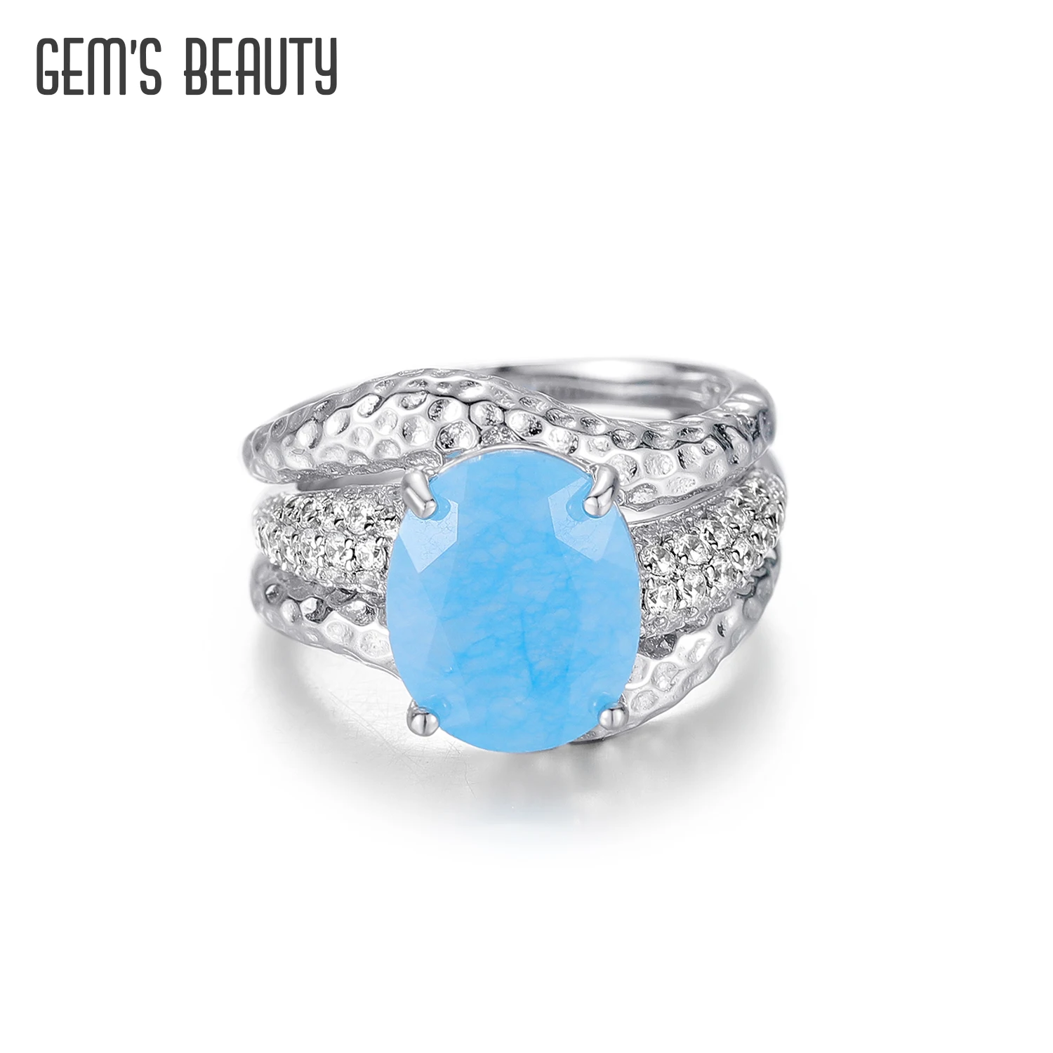 

GEM'S BALLE Aqua-blue Calcedony Gemstone Cocktail Ring 925 Sterling Silver Handmade Jacket Rings For Women Fine Jewelry