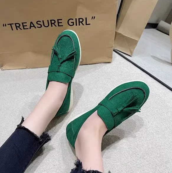 Womens Flock Thick Bottom Driving Shoes Round Toe Flock Tassel White Sole Soft Moccasines In Green Black Wide Fits Slip-On 35-45 Womens Flock Thick Bottom Driving Shoes Round Toe Flock Tassel White Sole Soft Moccasines In Green Black Wide Fits Slip-On 35-45