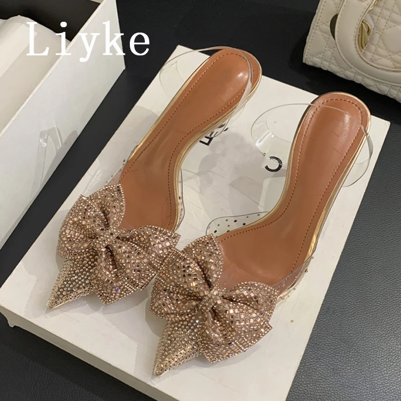 

Женские блестящие туфли-лодочки Liyke, брендовый дизайн, прозрачные туфли из ПВХ с бантом и кристаллами, с острым носком, на тонких высоких каблуках, искусственная обувь для выпускного вечера