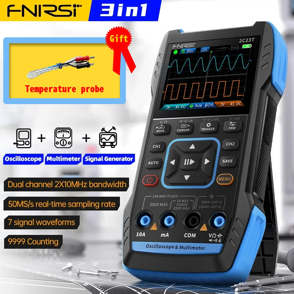 

FNIRSI 2C23T Handheld Digital Oscilloscope Multimeter + Function Signal Generator 2023 Latest 3IN1 Dual Channel 10MHZ*2 50MS/s