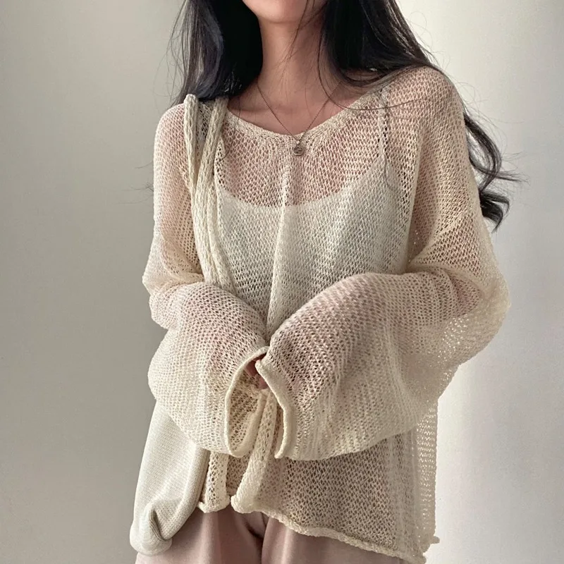 Ice Silk Knit Thin Women Jumpers Tops Summer Long Sleeve Sun Protection Sexy Tops Hollow Loose Streetwear Chic Femme Pullovers
Ice Silk Knit Thin Women Jumpers Tops Summer Long Sleeve Sun Protection Sexy Tops Hollow Loose Streetwear Chic Femme Pullovers