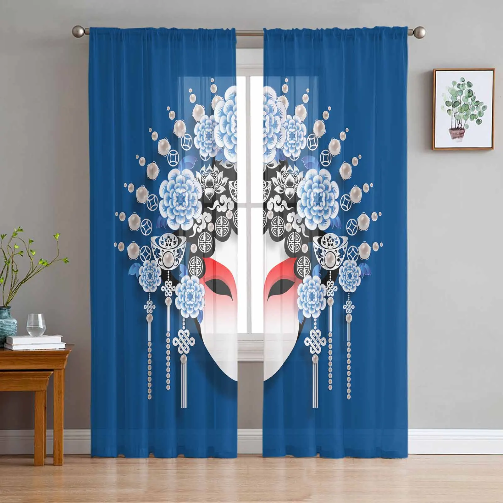 

Blue Traditional Chinese Opera Voile Sheer Curtains Living Room Window Tulle Curtain Kitchen Bedroom Drapes Home Decor