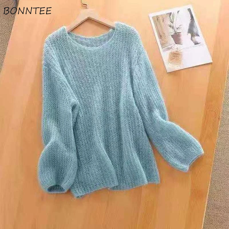 

T-shirts Women Knitting Loose Outerwear Fashion Basic Autumn BF Hollow Out Thin Casual Breathable College Female All-match Tunic