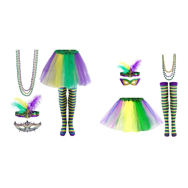 

Headband Necklace Skirt for Mardi Gras Party Carnival Gathering Costume Set
