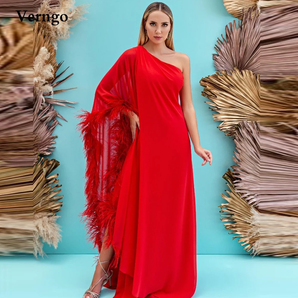 

Verngo Red A Line Feathers Formal Evening Dresses One Shoulder Puff Long Sleeve Dubai Kaftan Formal Prom Gowns robes de soiree