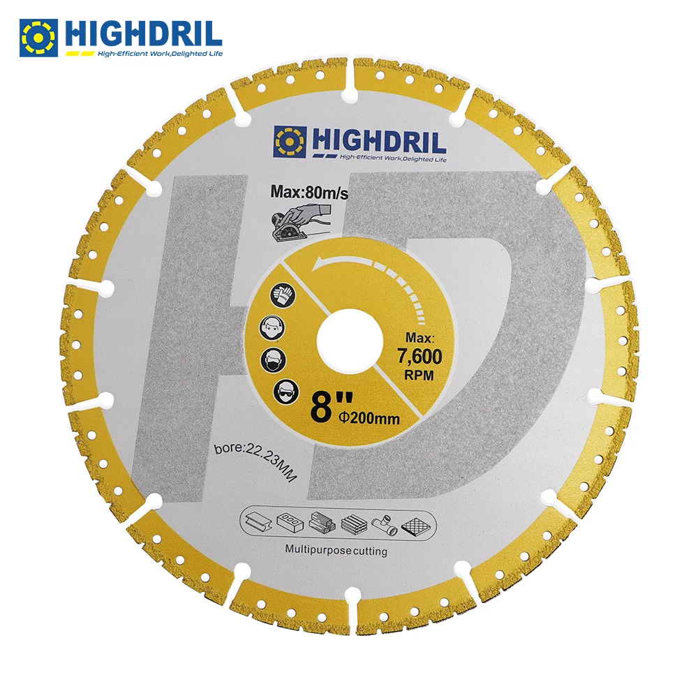 

HIGHDRIL Diamond Universal Saw Web Plating Sand Saw Blade Cutting Disc 200mm/8inch For Granite Marble Metal Stone Angle Grinder