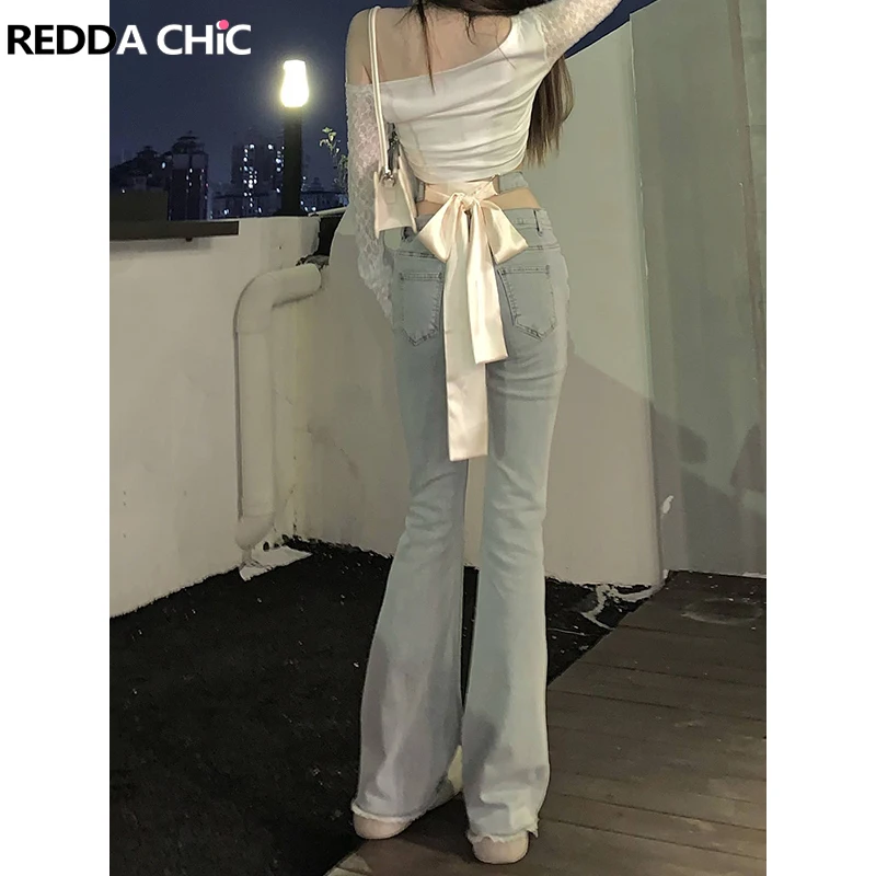 

REDDACHiC Bandage High Waist Flare Jeans Women Frayed Distressed Blue Bell Bottoms Sexy Slim Bootcut Pants Y2k Korean Streetwear