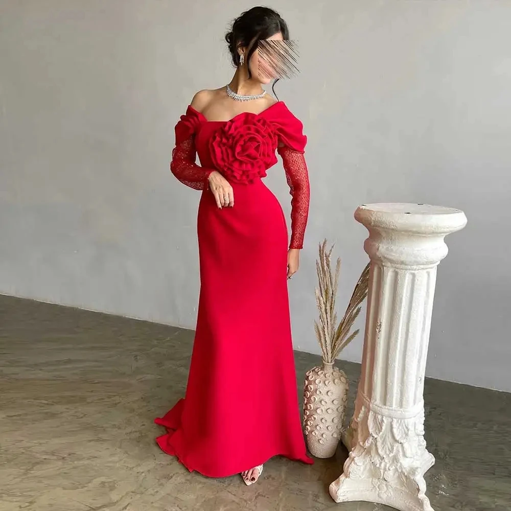 Romantic Red Satin Mermaid Flower Evening Gowns Off Shoulder Long Sleeves Sheath Backless Sexy Arabic Women's Prom Dresses
Romantic Red Satin Mermaid Flower Evening Gowns Off Shoulder Long Sleeves Sheath Backless Sexy Arabic Women's Prom Dresses