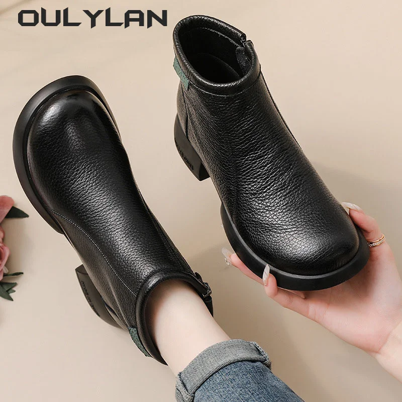 

2024 New Cowhide Martin Boots Fashion Autumn Middle Heel Thick Sole Short Boots Zipper Thick Leather Boots Winter Mother Shoes