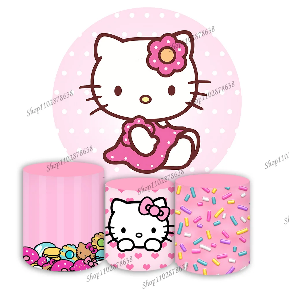 

Hello Kitty Round Stand Backdrop Cover Pink Cute Cat Girl 1st Party Birthday Background Baby Shower Elastic Cylinder Banner