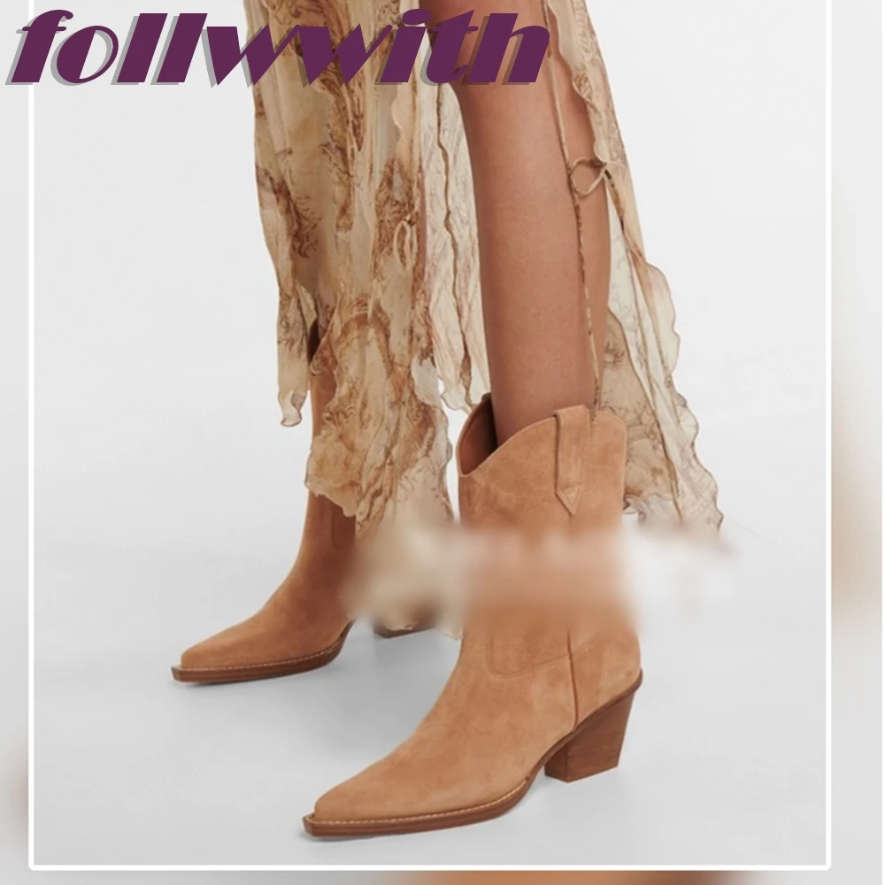 

Suede Brown Ankle Chunky Heels Splicing Boots Pointed Toe Woman Newest 2024 Fashion Autumn And Winter Ladies Shoes