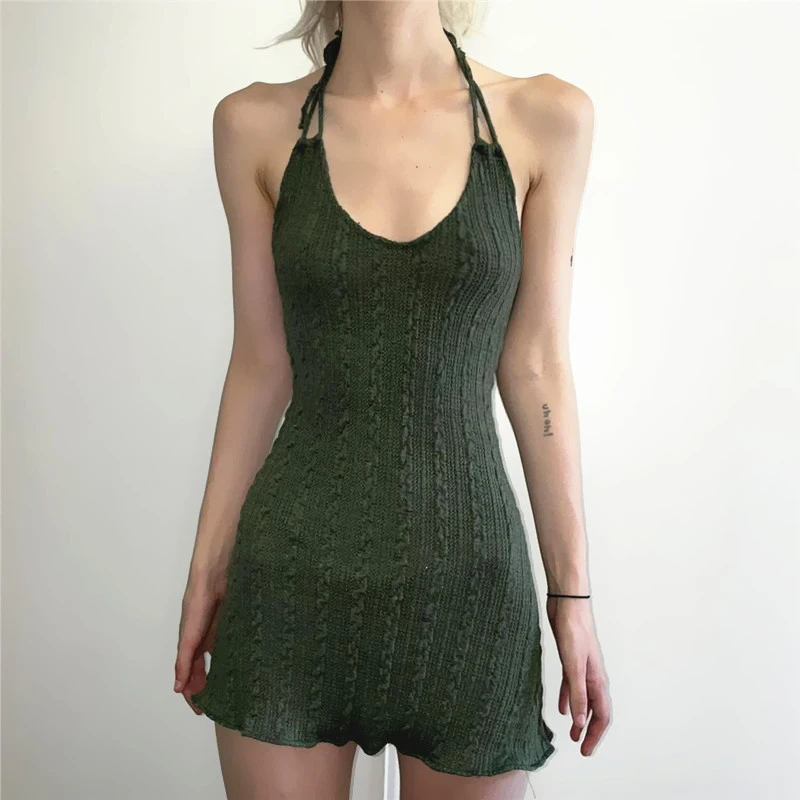 

Dress Women's Green V-neck Cotton Sleeveless Strap Backless Sexy Fashion Short Twist Weave Texture Halter High Waist Slim Spring