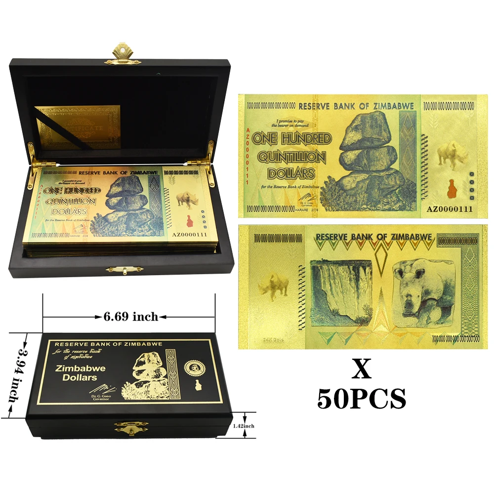 50pcs/box Colored 24K Gold Foil Zimbabwe Dollar Banknote 100 Quintillion In Wooden Box Zimbabwe Souvenir Money Crafts Gift
50pcs/box Colored 24K Gold Foil Zimbabwe Dollar Banknote 100 Quintillion In Wooden Box Zimbabwe Souvenir Money Crafts Gift