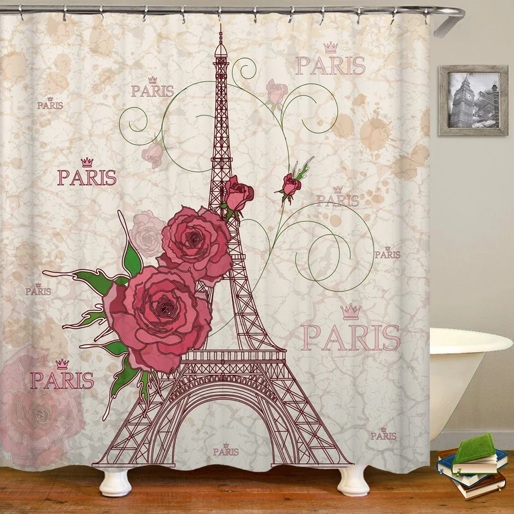 

Водонепроницаемая шторка для душа, 3d занавеска в ванную комнату с изображением цветов, парижской башни, 12 крючков, моющийся экран для ванной из полиэстера