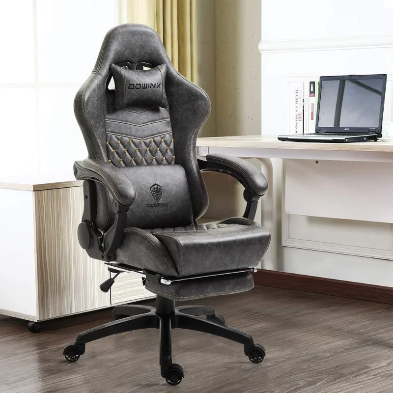 

Dowinx Gaming Office, PC with Massage Lumbar Support, Vintage Style PU Leather High Back Adjustable Swivel Task Chair with Footr