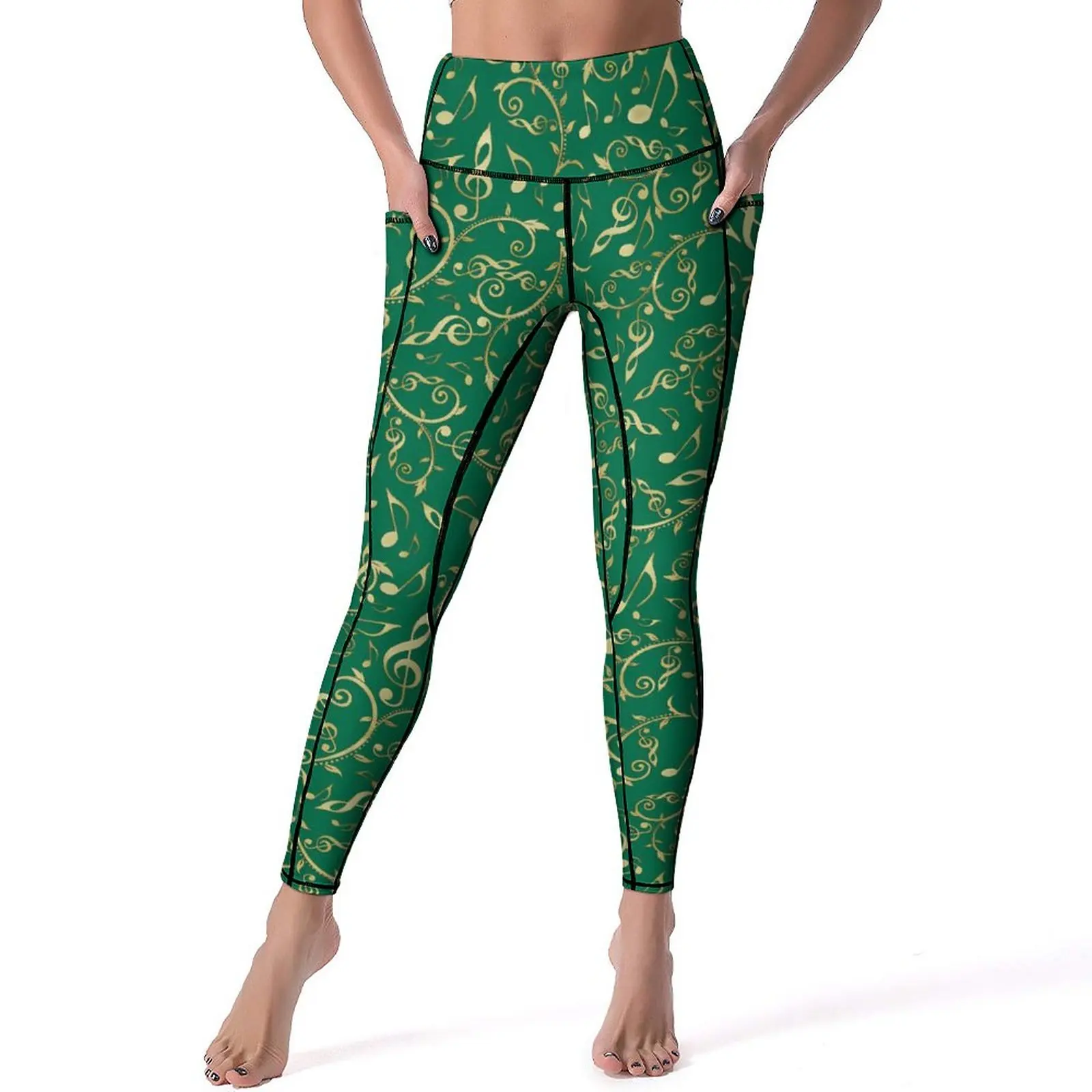 

Gold Music Notes Yoga Pants Sexy Festive Christmas Graphic Leggings Push Up Gym Leggins Lady Casual Stretch Sports Tights