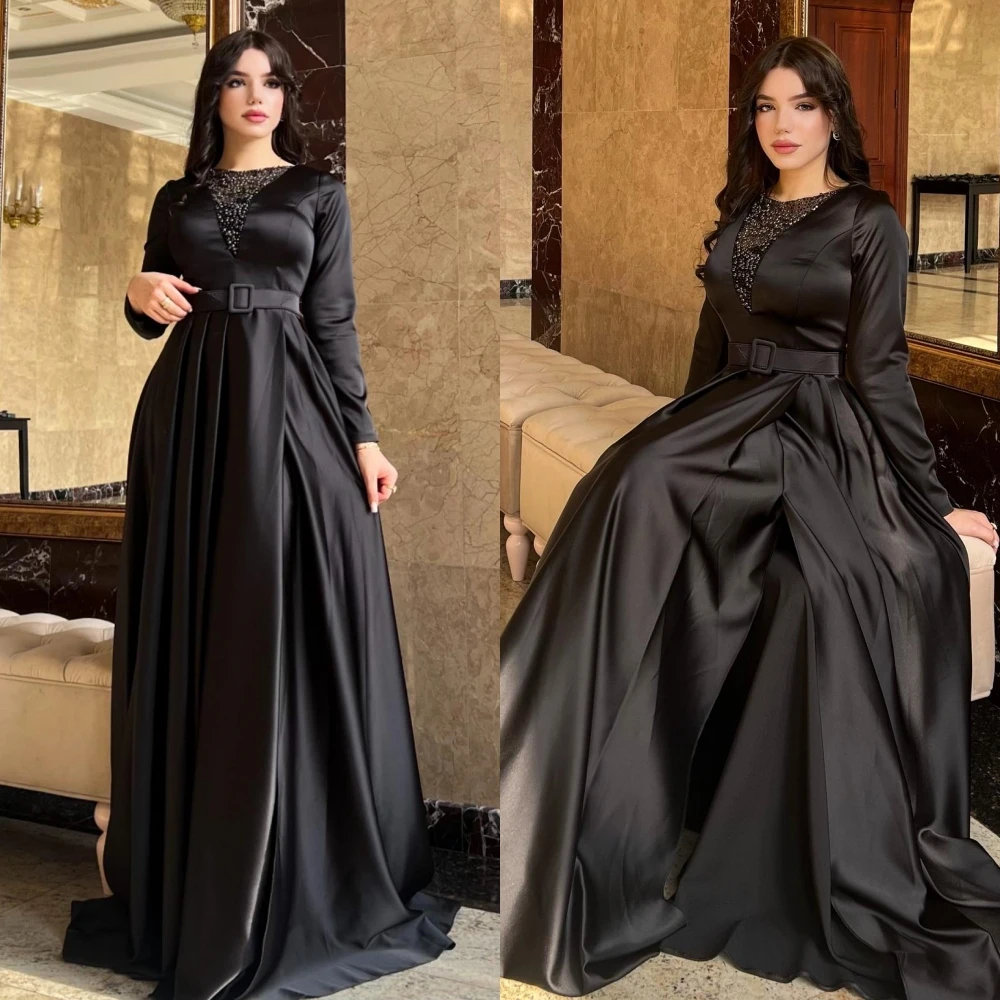 

Saudi Arabia Ball Dress Evening Satin Draped Sash Sequined Cocktail Party A-line O-Neck Bespoke Occasion Gown Long Dresses