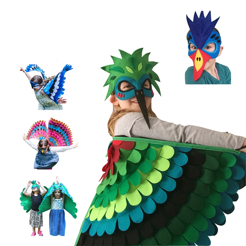 

Kids Cape Animal Bird Wings Mask Suit Stage Performance Peacock Owl Parrot Bird Felt Halloween Bird Cosplay Cloak for Girls Boys